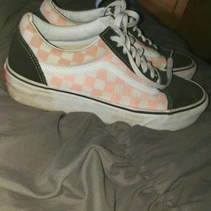 Pink and white checkered platform old skool vans